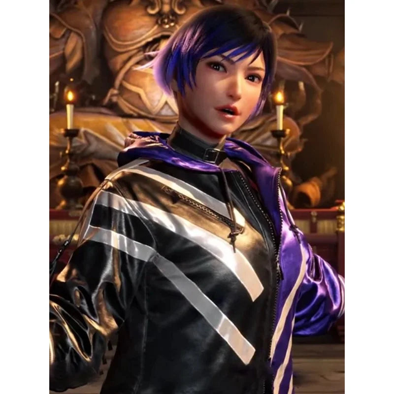 Tekken 8 Reina Mishima Leather Purple and Black Jacket Elegant Satin Bomber