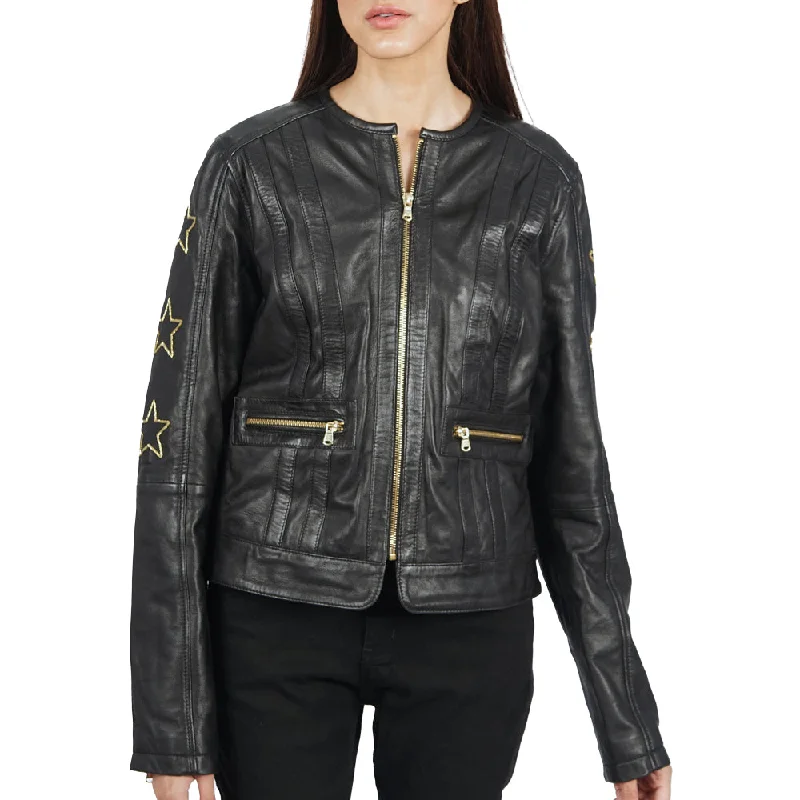 Trish Star Black Leather Jacket Minimalist Chic Bomber