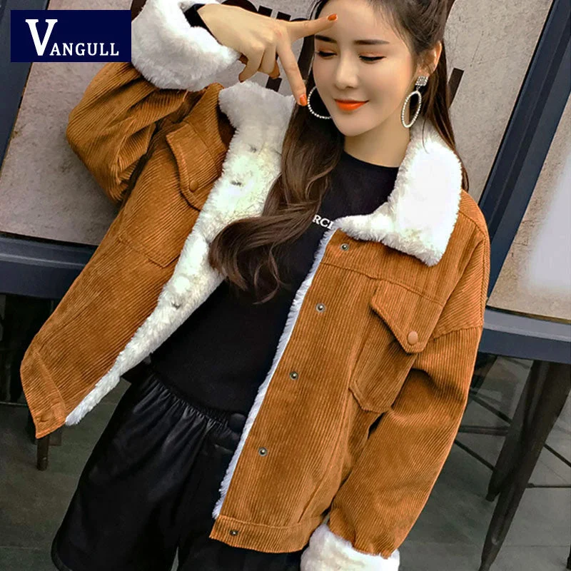 VANGULL Women Winter Jacket Thick Fur Lined Coats Parkas Fashion Faux Fur Lining Corduroy Bomber Jackets Cute Outwear 2019 New Luxe Faux Suede Bomber