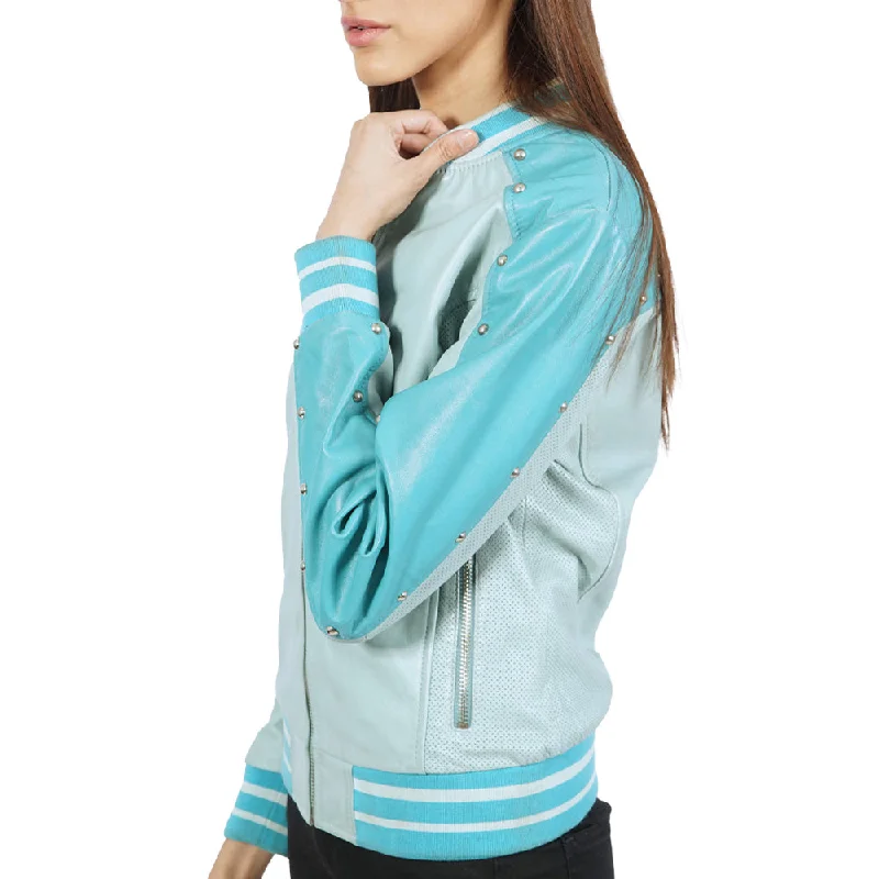Varsity Turquoise Bomber Leather Jacket Water-Resistant Bomber