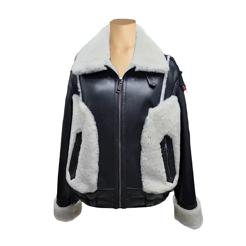 Vera Black on White Womens Shearling Jacket Reflective Night Bomber