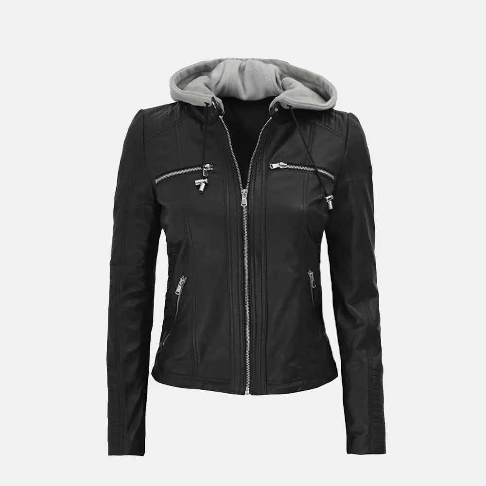 Versatile Bomber Hooded Leather Jacket Women Silky Smooth Bomber