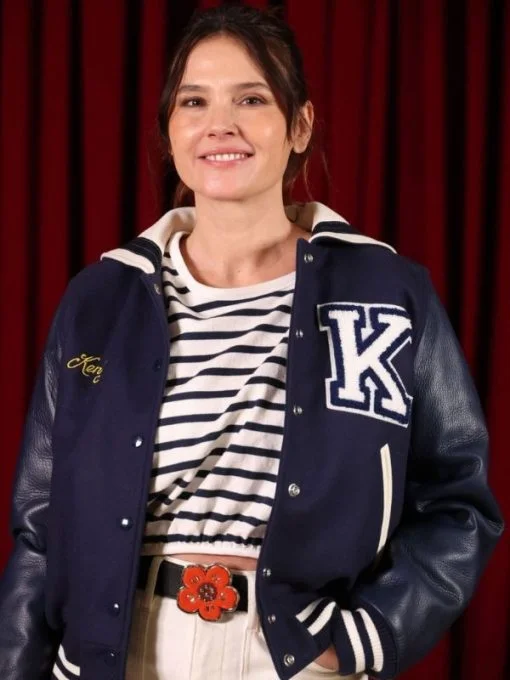 Virginie Ledoyen Blue Varsity Jacket Bold Oversized Bomber