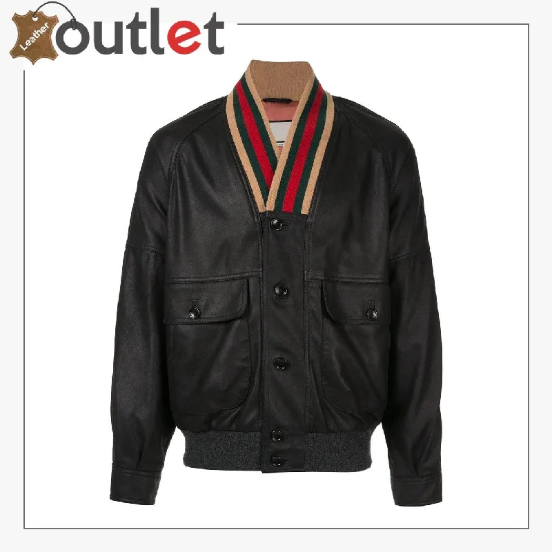Web Collar Womens Leather Bomber Jacket Padded Winter Bomber