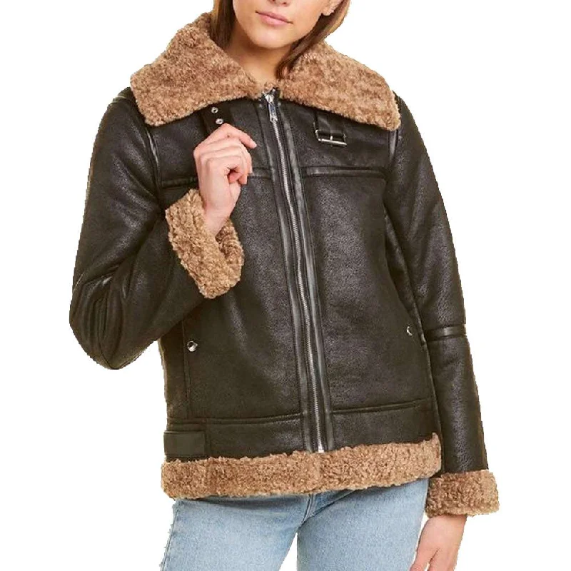 Women Aviator B3 Bomber Black Leather Jacket Toggled Jacket Drawstring Jacket Belted Jacket