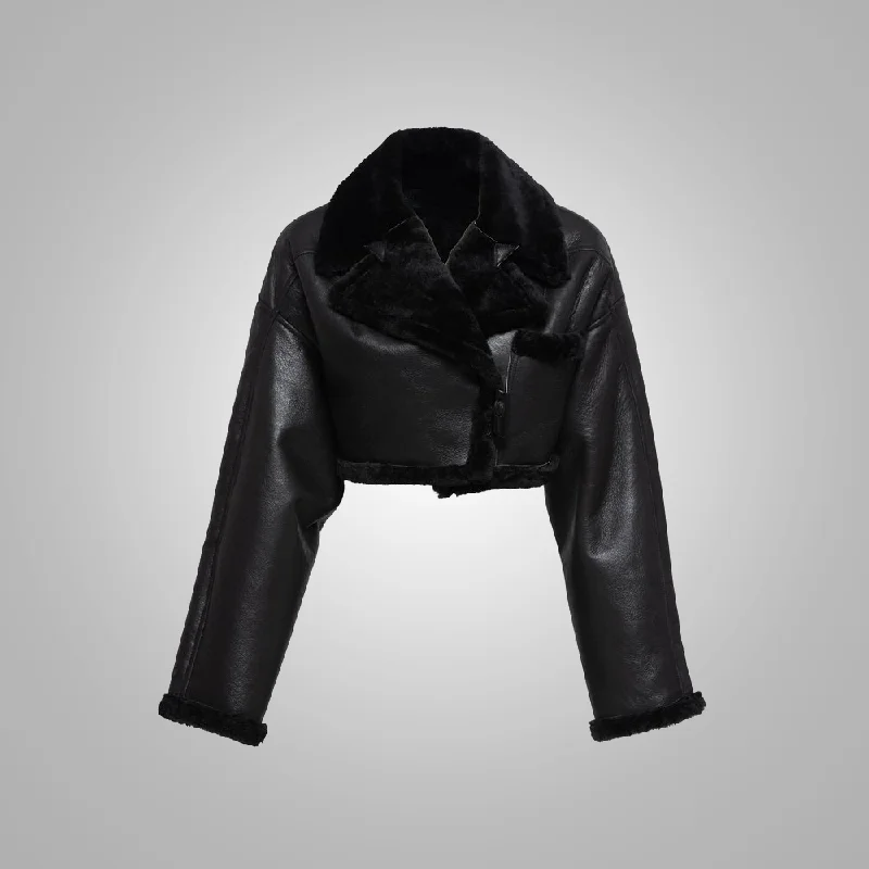 Women Black Pilot Aviator Flight B3 Sheepskin Shearling Leather Jacket Structured Wool Bomber