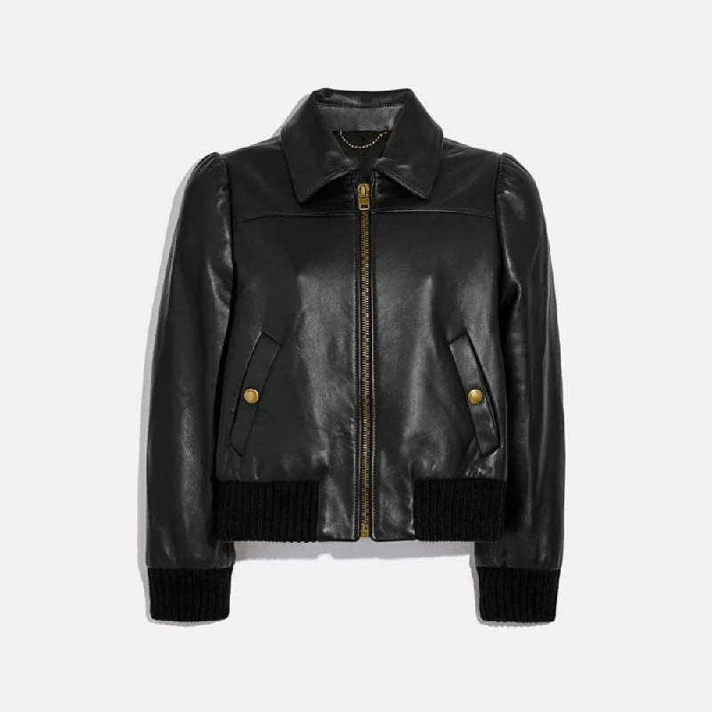 Women Black  Shearling Aviator Leather Bomber Jacket Herringbone Jacket Houndstooth Jacket Plaid Jacket
