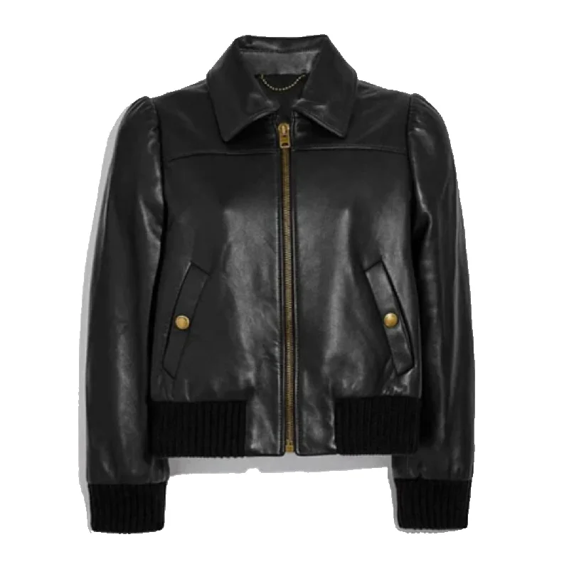 Women Black Shearling Leather Bomber Jacket Faux Fur Bomber