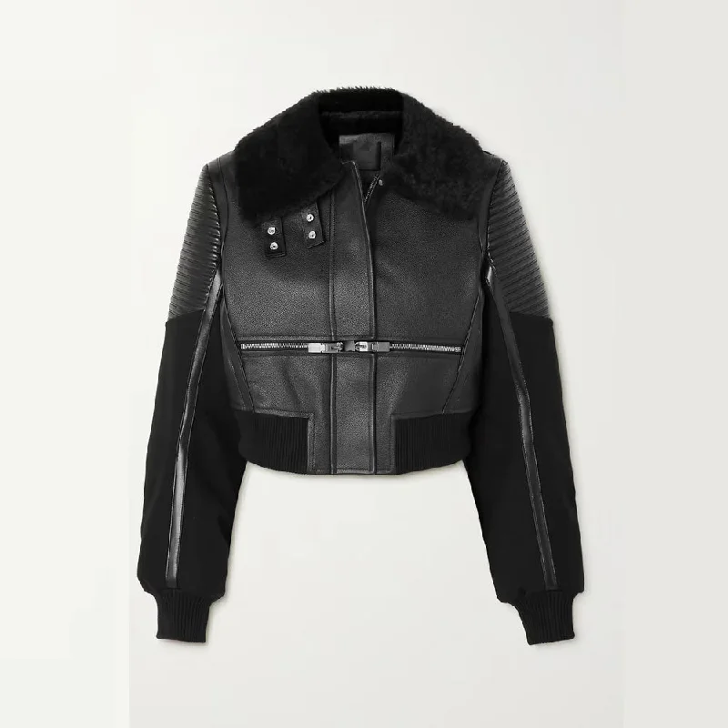 Women Black Shearling-trimmed textured-leather bomber jacket Zippered Front Buttoned Front Snap Front