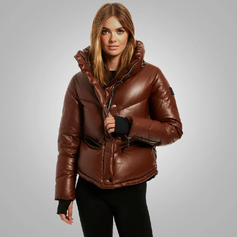Women Brown Sheepskin Bubble V-Bomber Leather Jacket Embroidered Floral Bomber