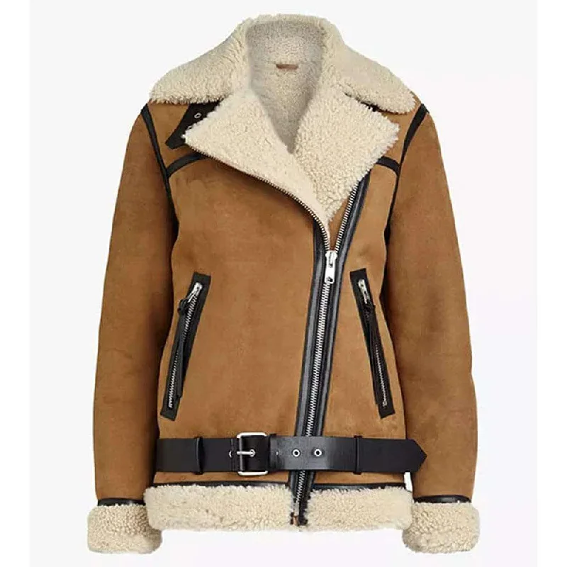 Women Brown Suede Leather Shearling Motorcycle Jacket Elasticated Jacket Padded Jacket Insulated Jacket