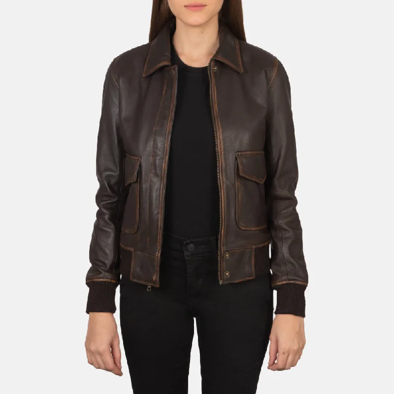 Women Flight Brown Leather Bomber Jacket Streetwear Crop Bomber