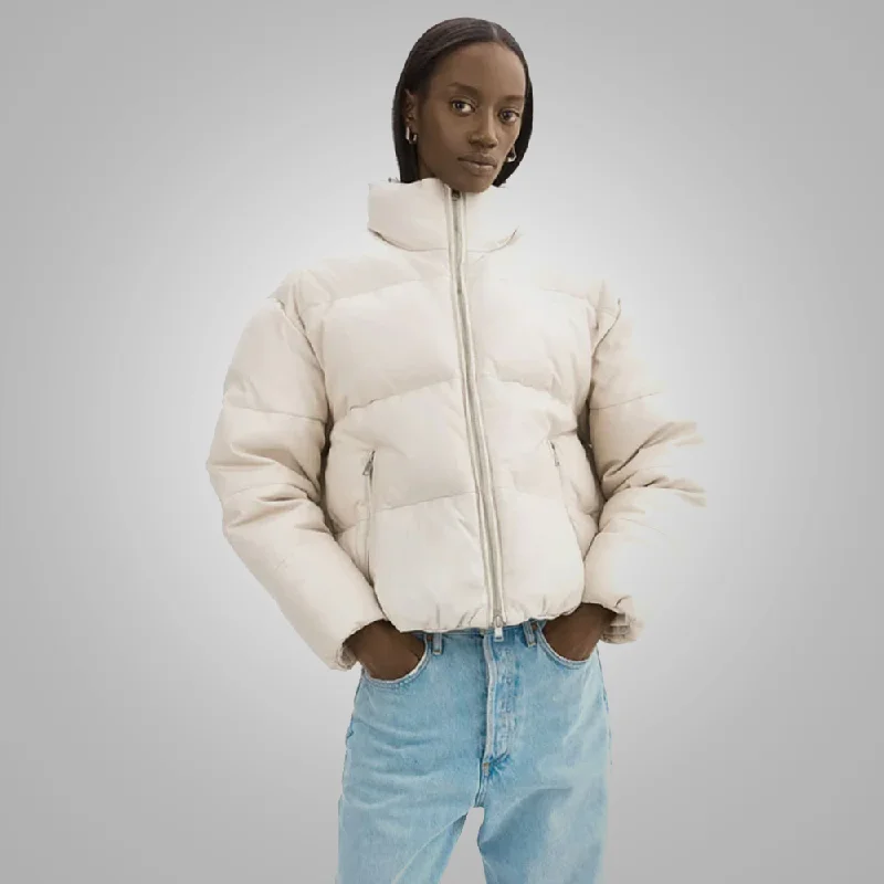 Women Lambskin Bone White Bubble Puffer V-Bomber Leather Jacket Warm Padded Bomber