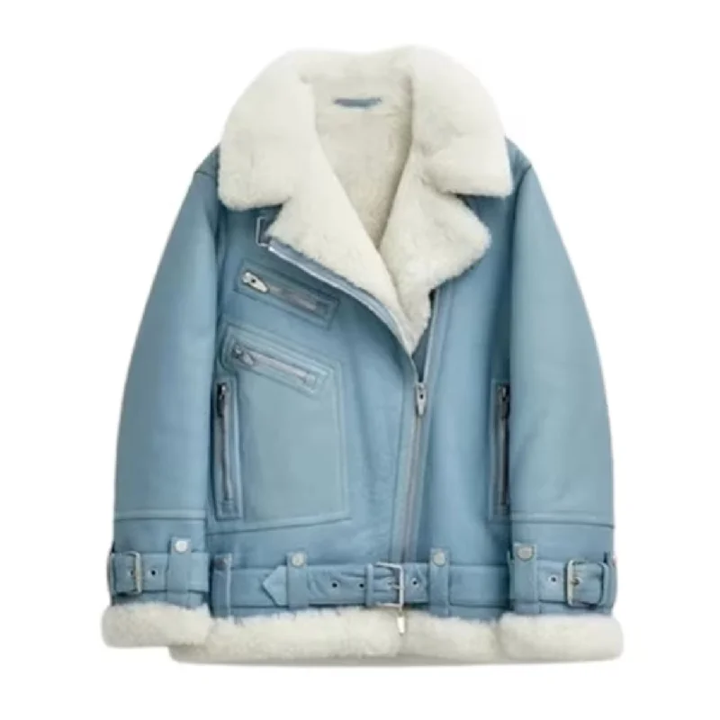 Women Light Blue Bomber Jacket RAF Aviator Stylish Sport Luxe Bomber