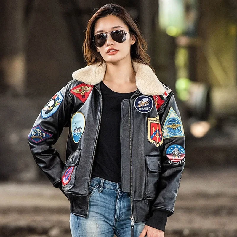 Women Military Black G1 Pilot Style Natural Sheepskin Genuine Leather Jacket Classic Bomber Jacket