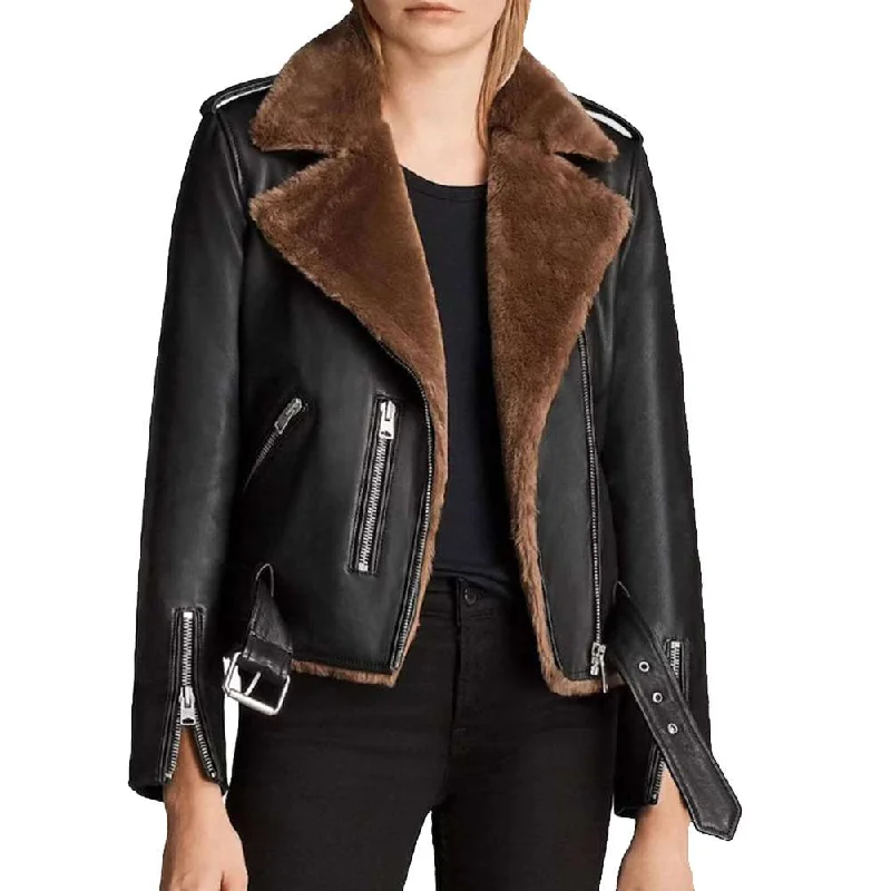 Women Motorcycle Shearling Fur Leather Jacket Tailored Jacket Straight Jacket A-Line Jacket