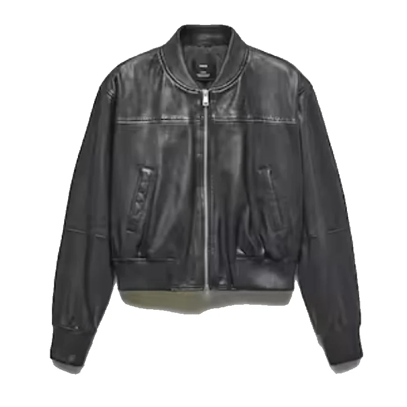 Women New Black Leather bomber jacket Lightweight Mesh Bomber