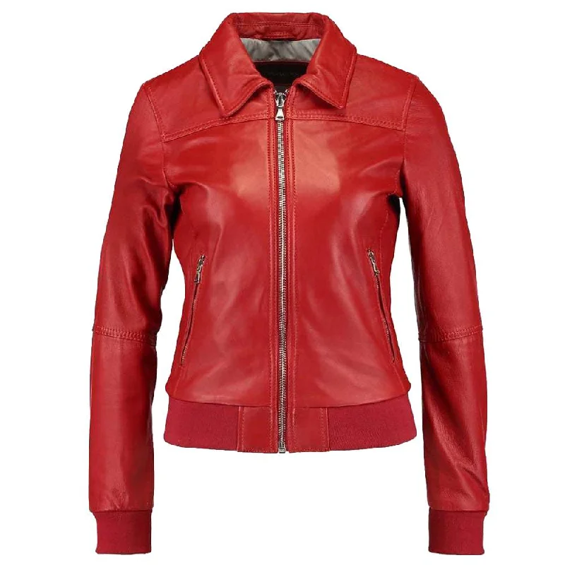 WOMEN RED BOMBER MOTORCYCLE LAMBSKIN SLIM FIT JACKET Anorak Shell Jacket Lightweight Jacket