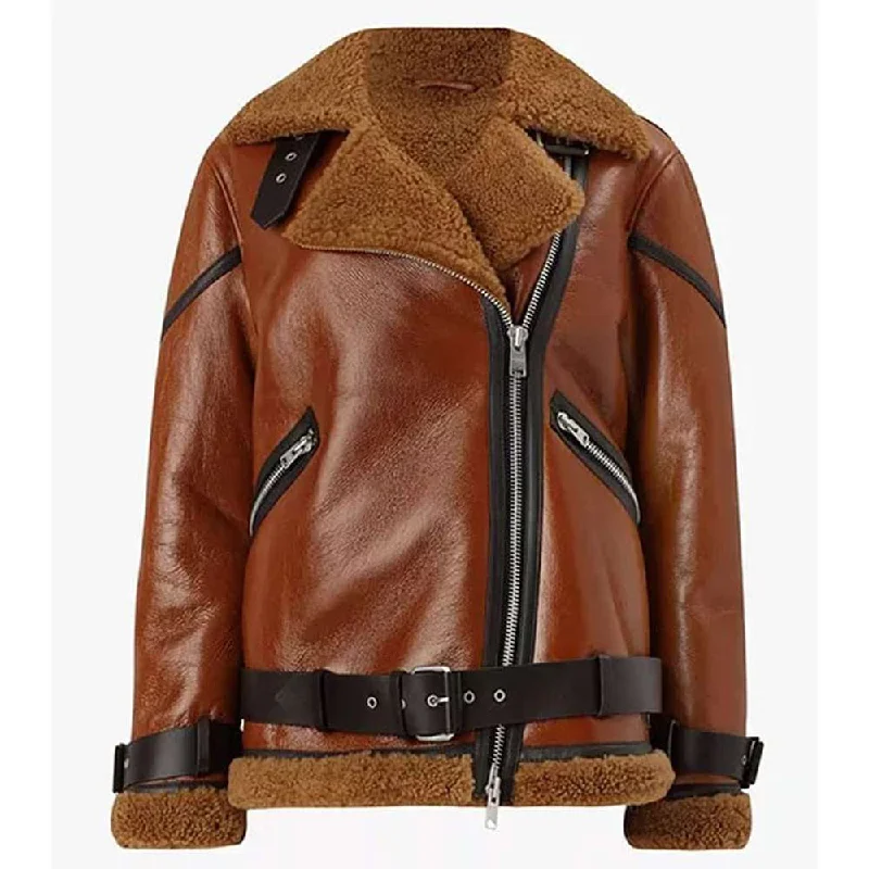 Women Brown B3 Shearling Biker Leather Jacket Zip Front Button Front Snap Front