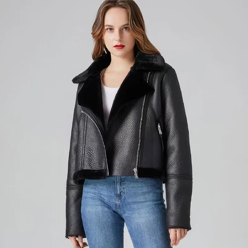 Women’s Black Aviator Genuine Sheepskin Sherpa Shearling Faux Fur Winter Warm Casual Bomber Flight Pilot Leather Jacket Welt Pockets Slit Pockets Flap Pockets