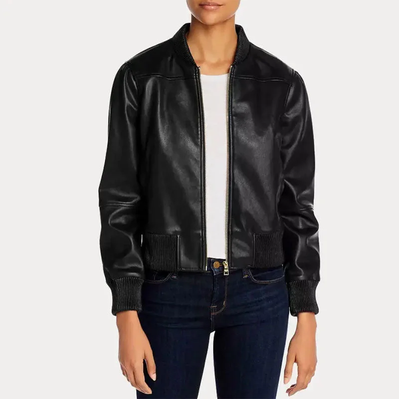 Women’s Faux Black Bomber Leather Jacket Ribbed Jacket Pleated Jacket Ruffled Jacket