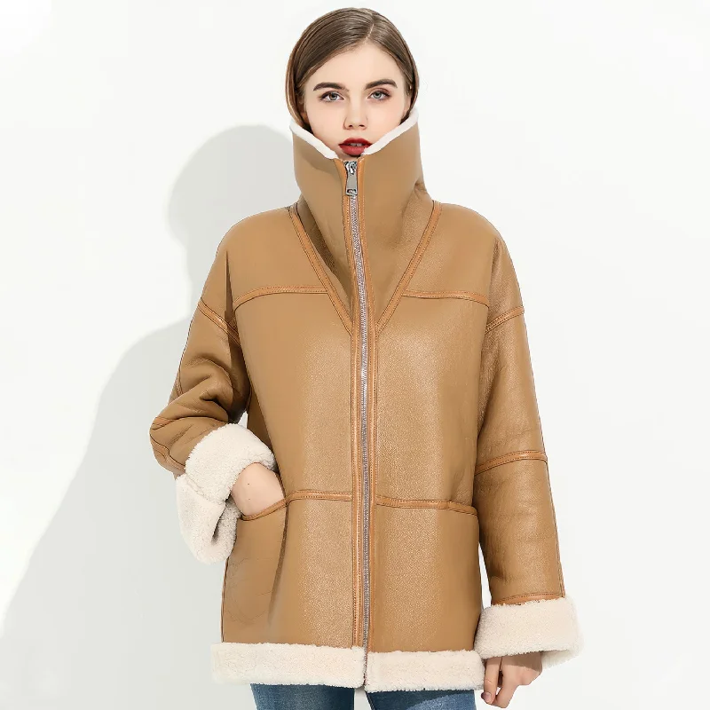 Women’s Camel Brown Genuine Sheepskin Sherpa Shearling Faux Fur Lined Winter Warm Eco-Fur Fashionable Aviator Pilot Leather Jacket Belted Jacket Elasticated Jacket Padded Jacket