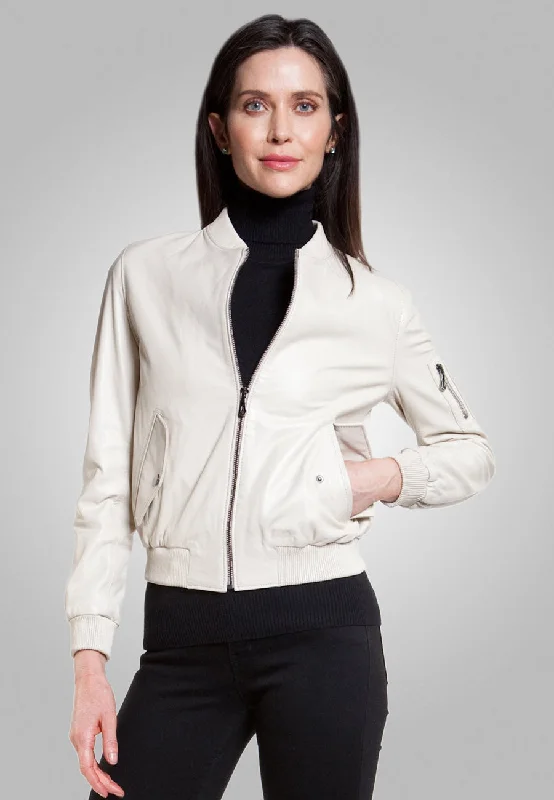 Women’s White Leather Bomber Jacket Minimalist Chic Bomber