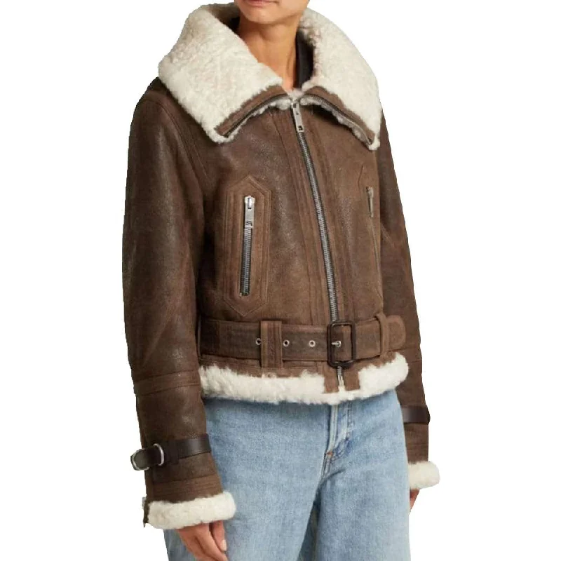 Women Shearling Flight Aviator Brown Leather Jacket Zippered Jacket Buttoned Jacket Snapped Jacket