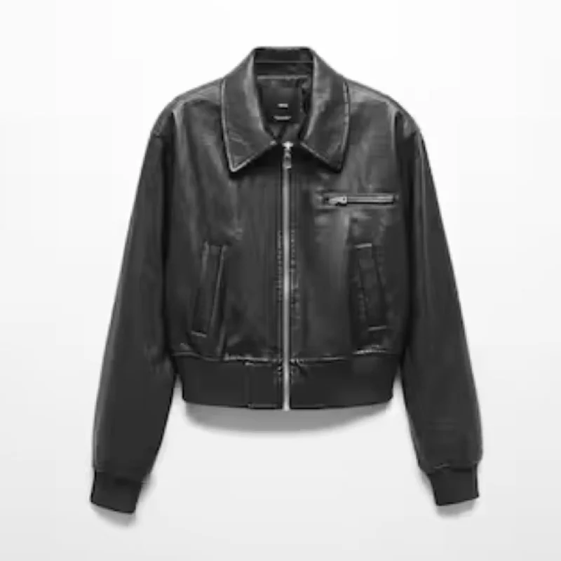 Women Vintage Handmade Bomber leather jacket Chic Monochrome Bomber