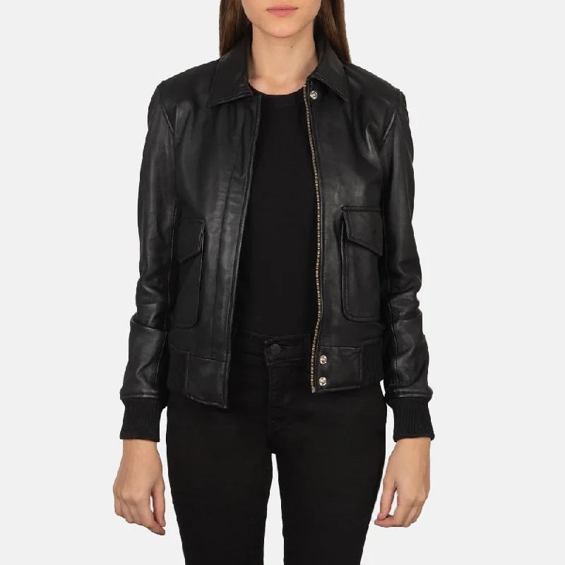 Women Westa A-2 Black Leather Bomber Jacket Chic Parisian Bomber