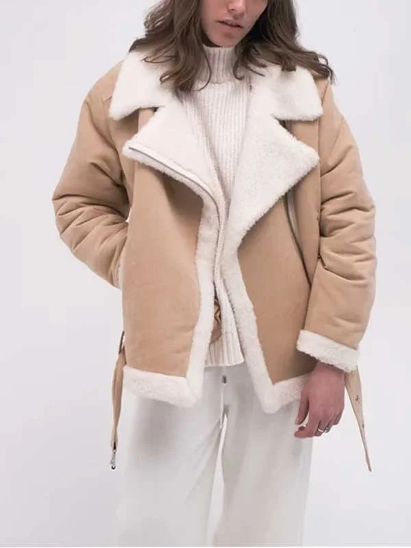 Women’s Aviator Beige Shearling Cotton Jacket High-Street Trend Bomber