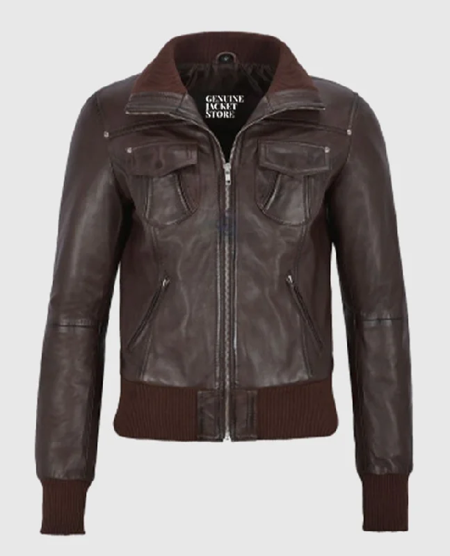 Women's Aviator Brown Bomber Leather Jacket Chenille Fabric Brocade Fabric Lace Fabric