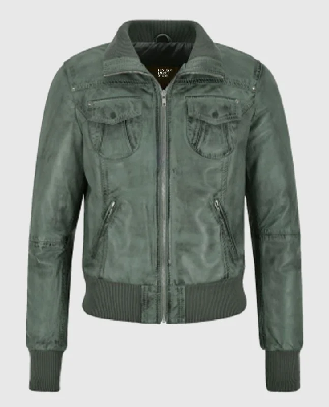Women's Aviator Grey Bomber Leather Jacket Nylon Fabric Polyester Fabric Spandex Fabric