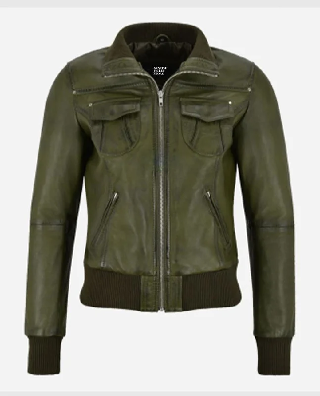 Women's Aviator Olive Bomber Leather Jacket Wool Jacket Cashmere Jacket Tweed Jacket
