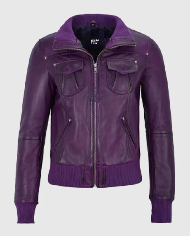 Women's Aviator Purple Bomber Leather Jacket Bomber Jacket Anorak Windbreaker
