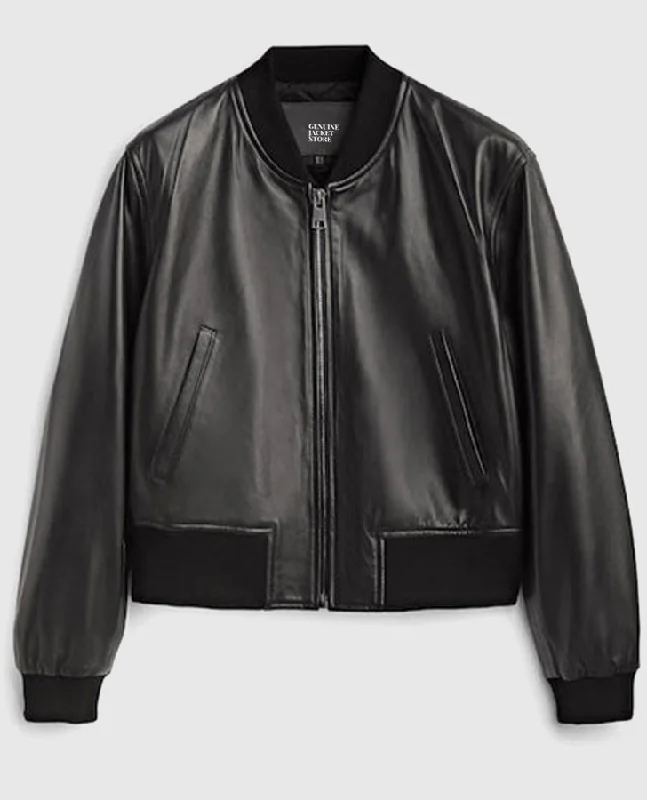 Women's B3 Black Aviator Leather Bomber Jacket Elasticated Jacket Padded Jacket Insulated Jacket
