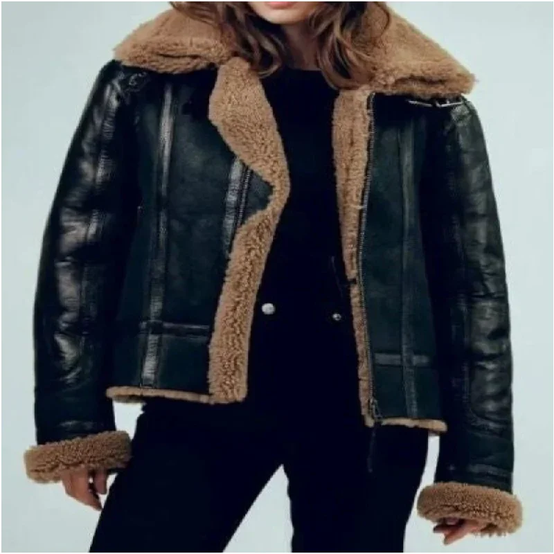 Women's B3 Bomber Sheepskin Shearling Leather Jacket Short Zip Bomber
