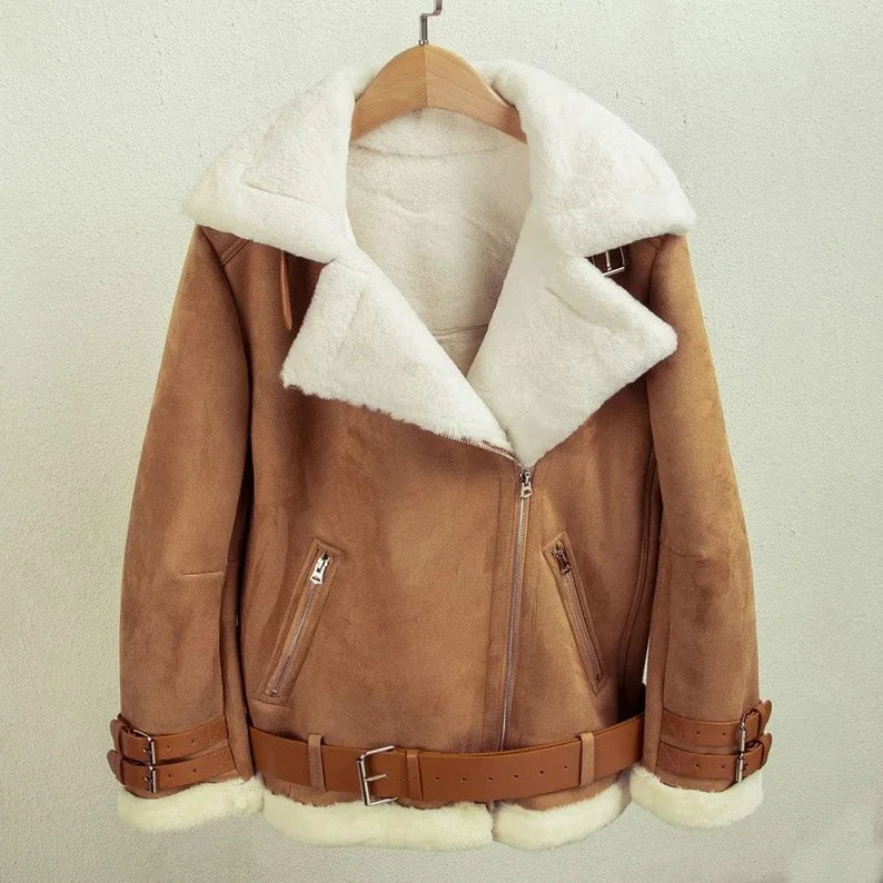Women's B3 RAF Aviator Sherpa Fur Shearling Leather Jacket Anorak Shell Jacket Lightweight Jacket