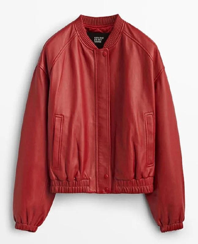 Women's B3 Red Aviator Leather Bomber Jacket Fitted Jacket Loose Jacket Oversized Jacket
