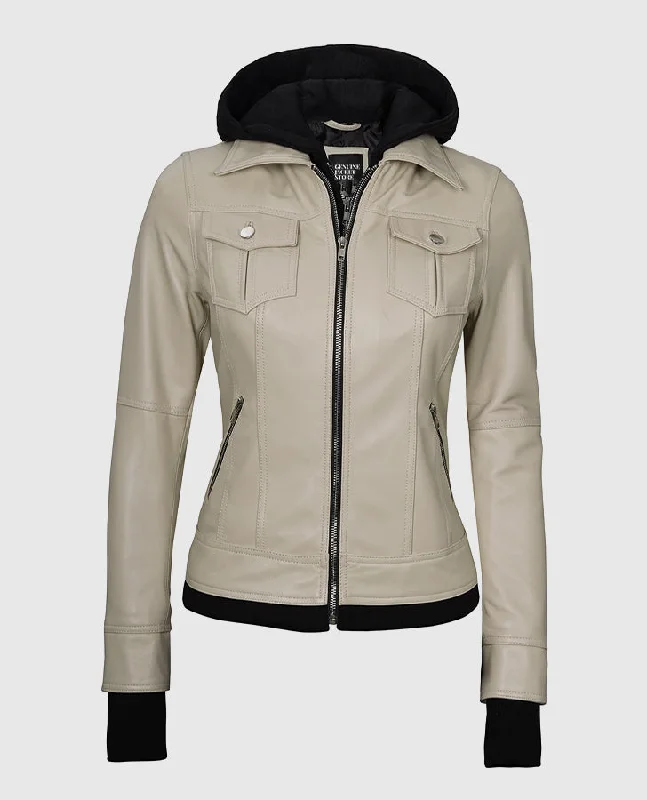 Women's Beige Bomber Leather Jacket with Hood Notch Collar Peter Pan Collar Cowl Neck