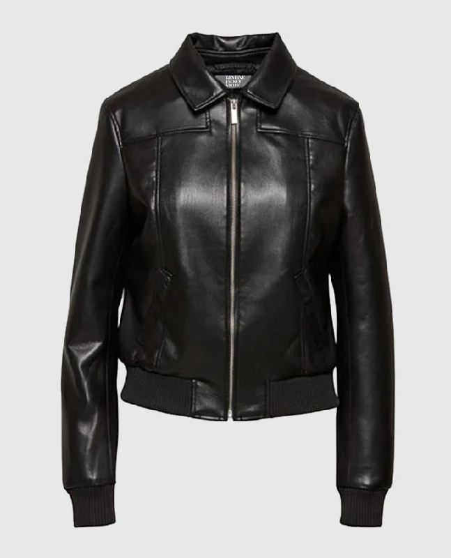 Women's Black Aviator Motorbike Leather Bomber Jacket Lace Jacket Ribbed Jacket Sequined Jacket