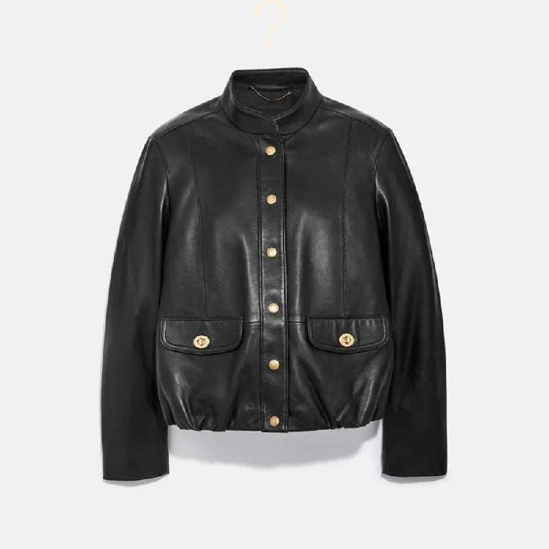 Women's Black Biker Aviator  Sheepskin Shearling Leather Jacket Trench Coat Raincoat Waterproof Jacket