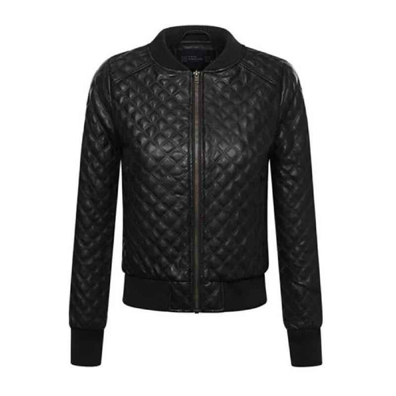 Womens Black Genuine  Leather Quilted Bomber Jacket Zip-Up Track Bomber
