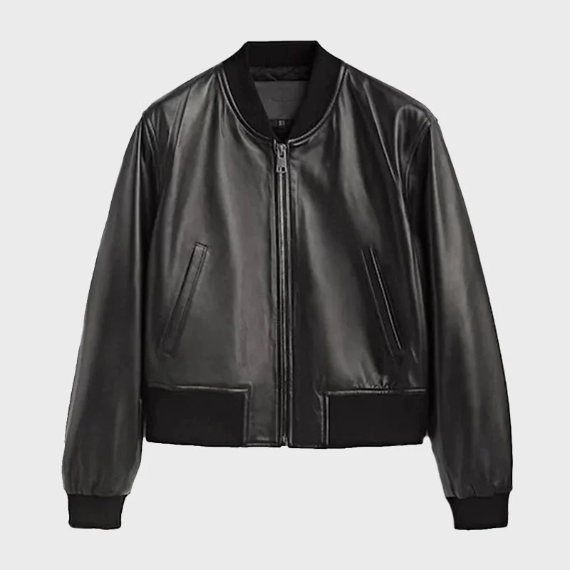 Women's Black Leather Bomber Jacket Elegant Satin Bomber