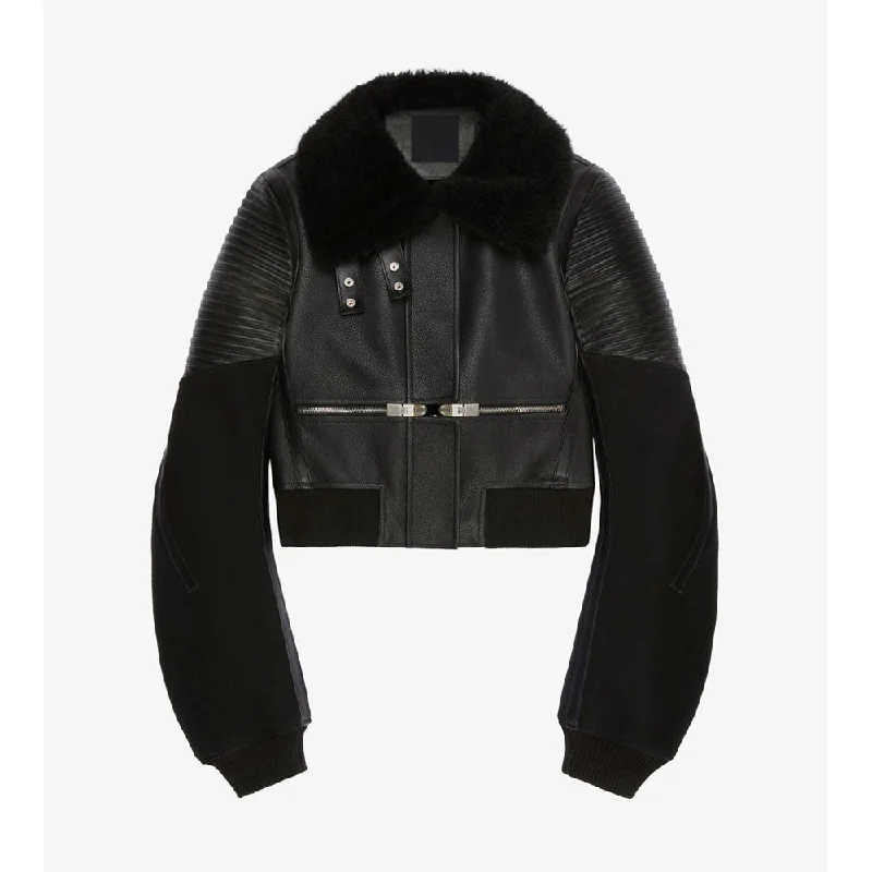 Women's Black RAF Sheepskin Shearling Aviator Motorbike Leather Bomber Jacket Faux Fur Fabric Real Fur Fabric Shearling Fabric