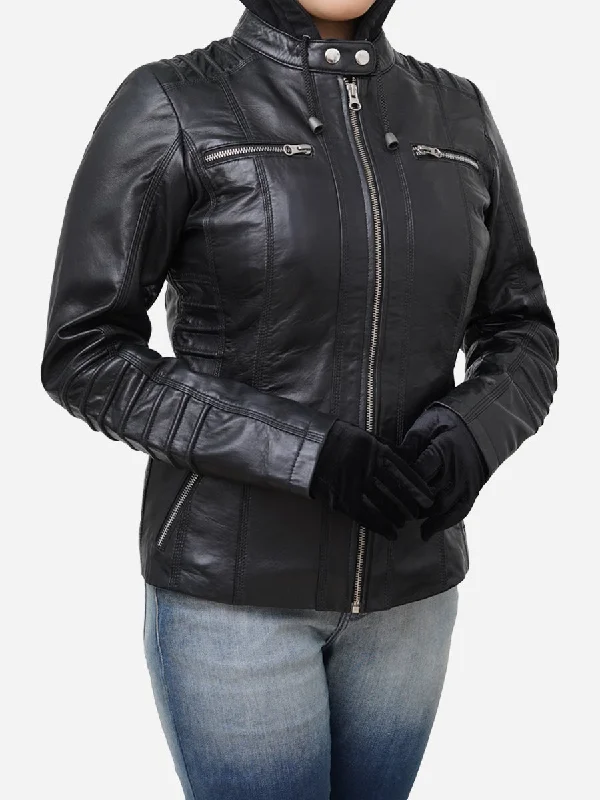 Women's Black Real Lambskin Hooded Leather Jacket Chic Parisian Bomber