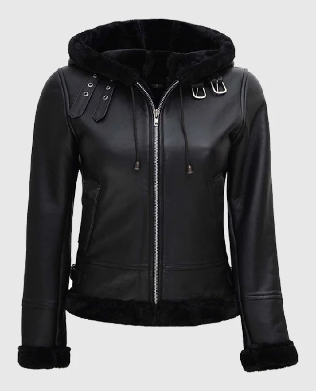Women's Black Shearling Bomber Leather Jacket with Hood Satin Fabric Silk Fabric Chiffon Fabric