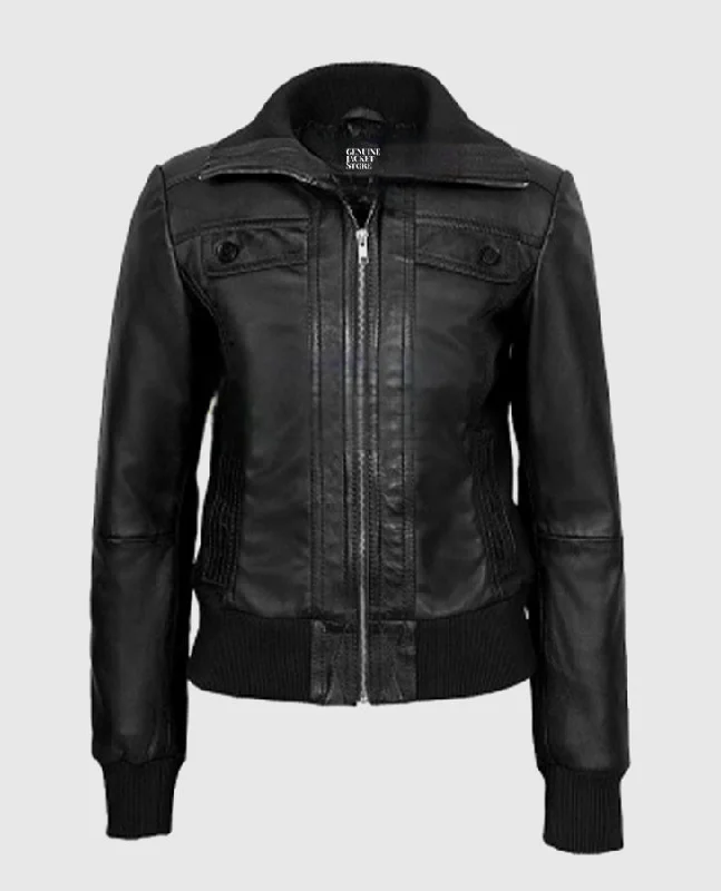 Women's Bomber Black Leather Jacket Plaid Jacket Tartan Jacket Houndstooth Jacket