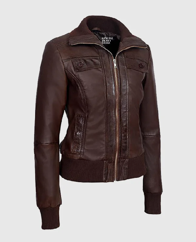 Women's Bomber Brown Leather Jacket Snapped Jacket Toggled Jacket Drawstring Jacket