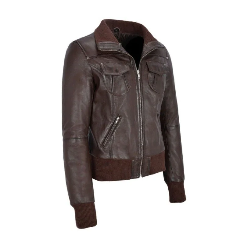 Women's Brown Lambskin Leather Jacket Textured Velvet Bomber